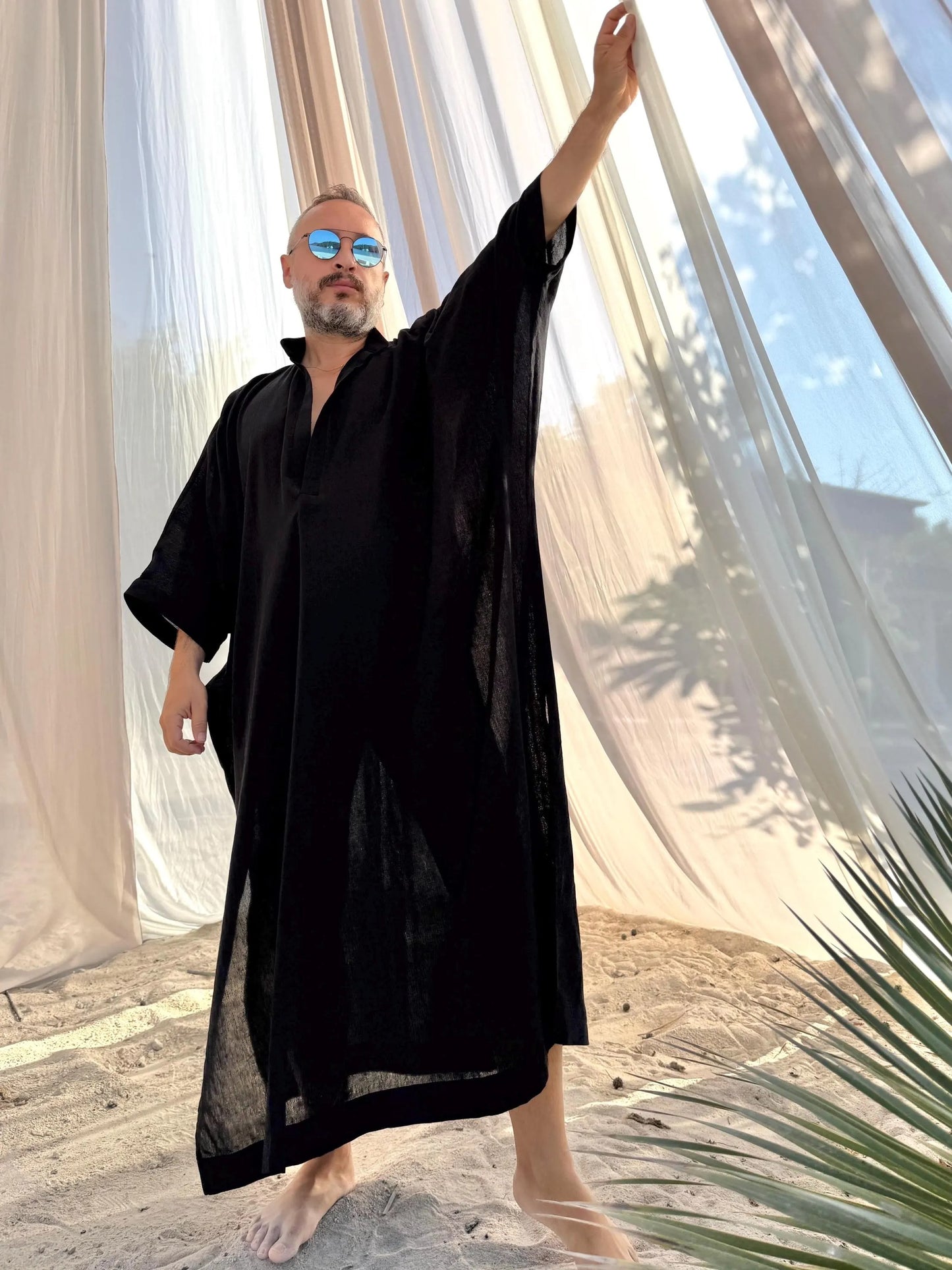 New Design Sheer Men’s Caftan, Linen Greek Style Loose Robe