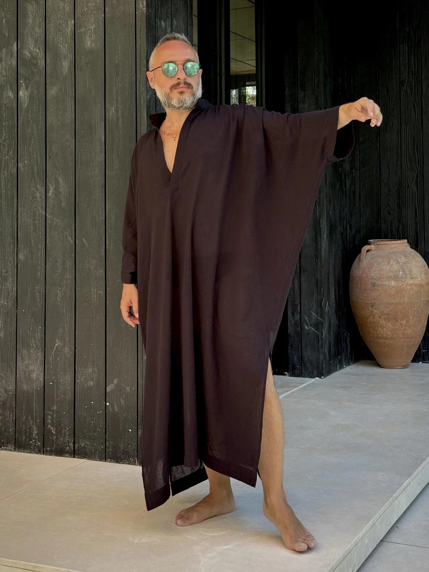 New Design Sheer Men’s Caftan, Linen Greek Style Loose Robe