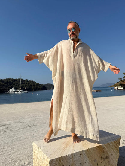 New Design Sheer Men’s Caftan, Lightweight Linen Style Kaftan