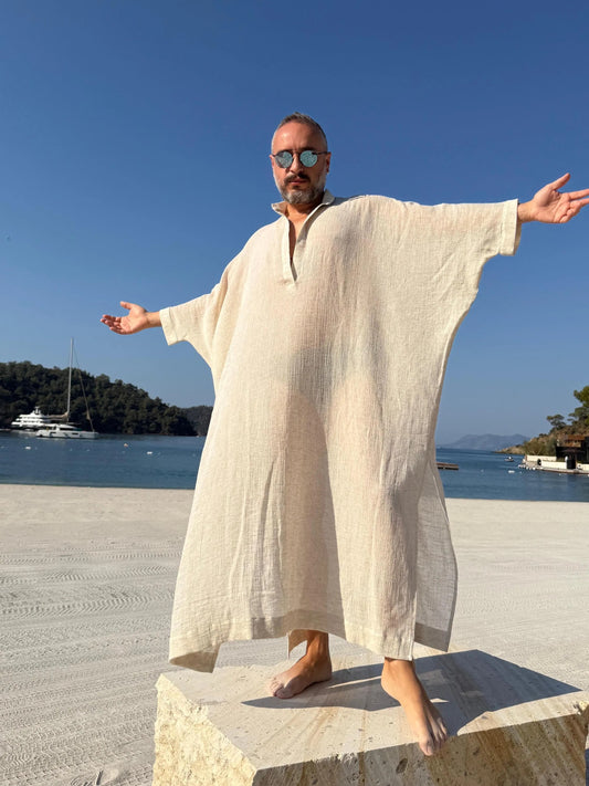 New Design Sheer Men’s Caftan, Lightweight Linen Style Kaftan