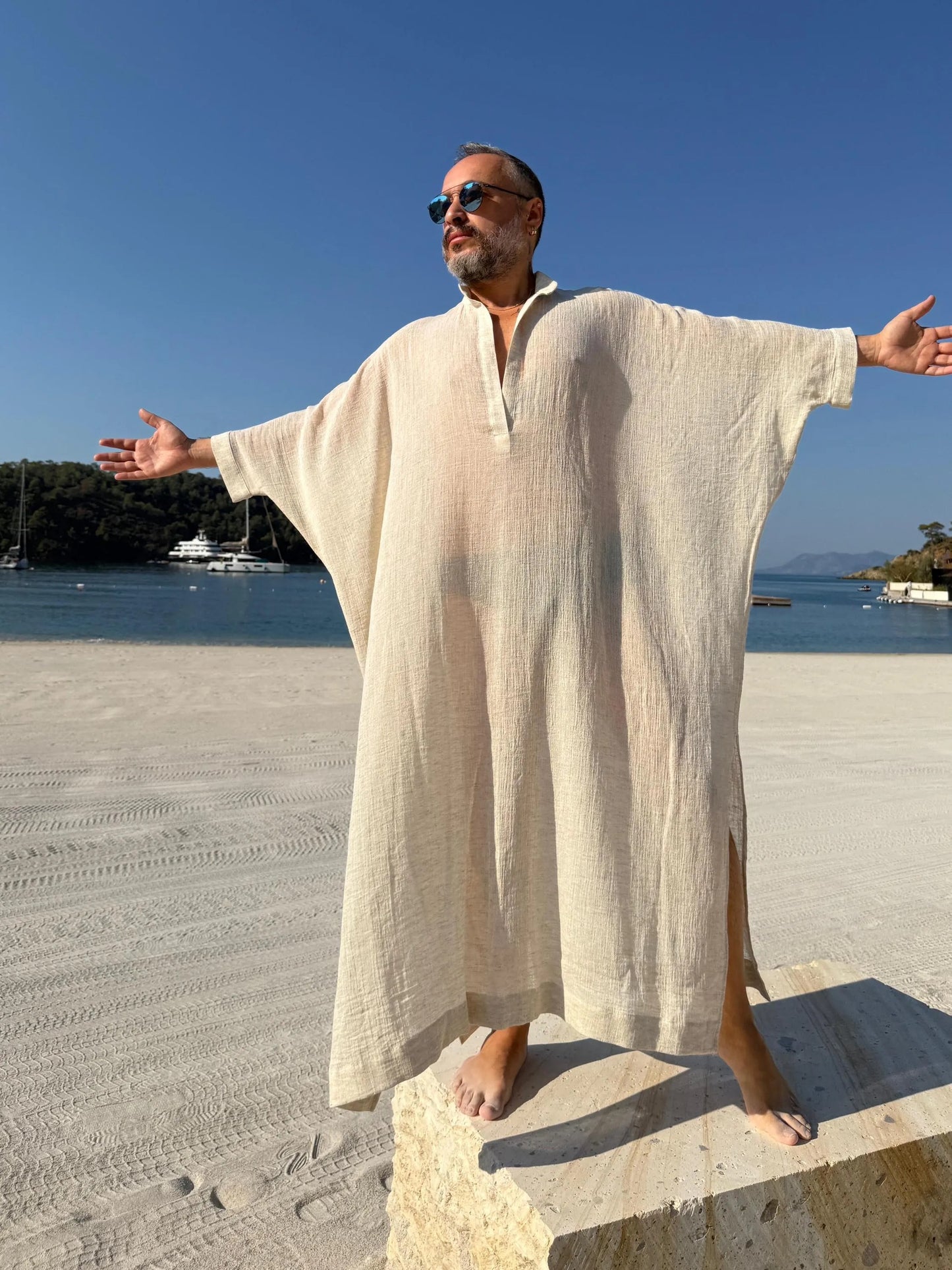New Design Sheer Men’s Caftan, Lightweight Linen Style Kaftan